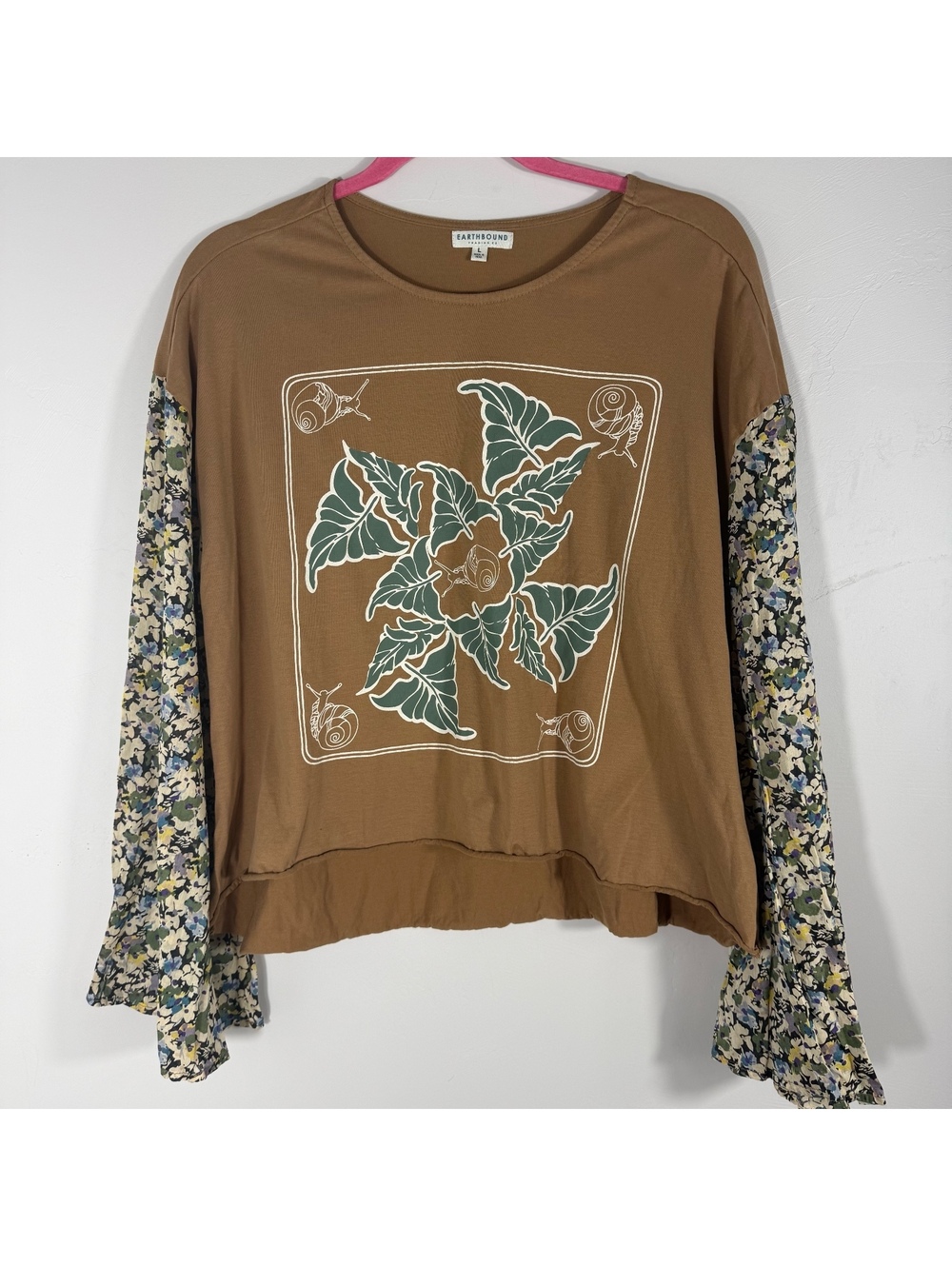 Earthbound Boho Floral Snail Graphic Top Super Oversized Bell Sleeves | Large